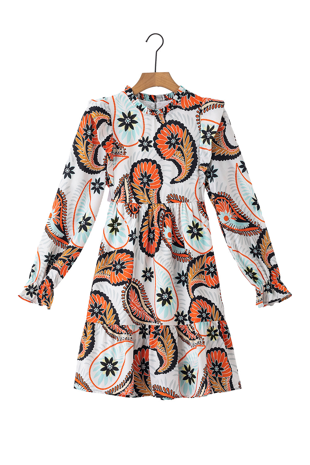 มินิเดรสแขนพัฟพิมพ์ลาย Boho Paisley ดอกไม้สีขาว