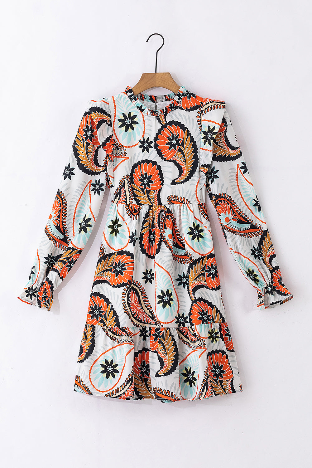 มินิเดรสแขนพัฟพิมพ์ลาย Boho Paisley ดอกไม้สีขาว