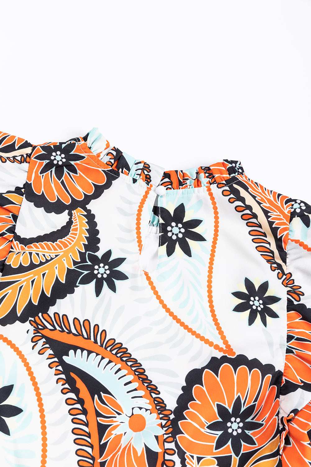 มินิเดรสแขนพัฟพิมพ์ลาย Boho Paisley ดอกไม้สีขาว