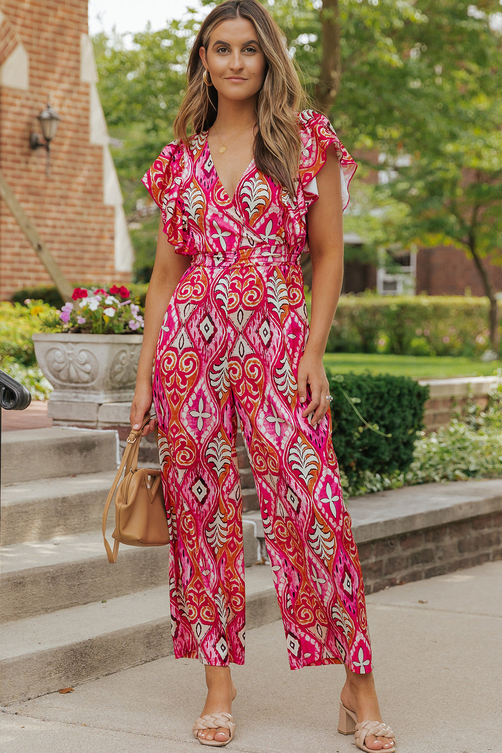 Rose Printed V Neck Button Open Back Wide Leg Jumpsuit