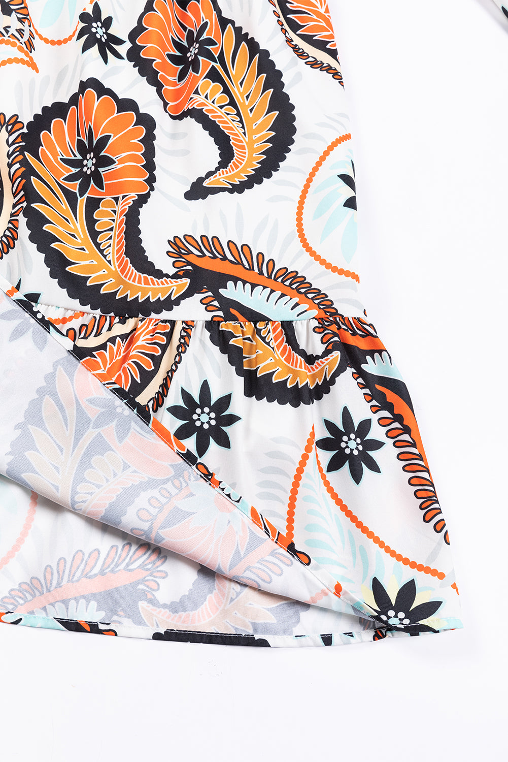 มินิเดรสแขนพัฟพิมพ์ลาย Boho Paisley ดอกไม้สีขาว