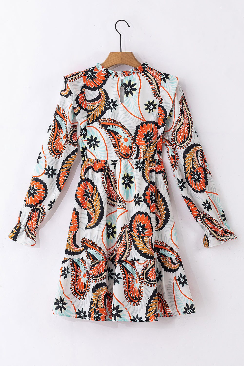 มินิเดรสแขนพัฟพิมพ์ลาย Boho Paisley ดอกไม้สีขาว