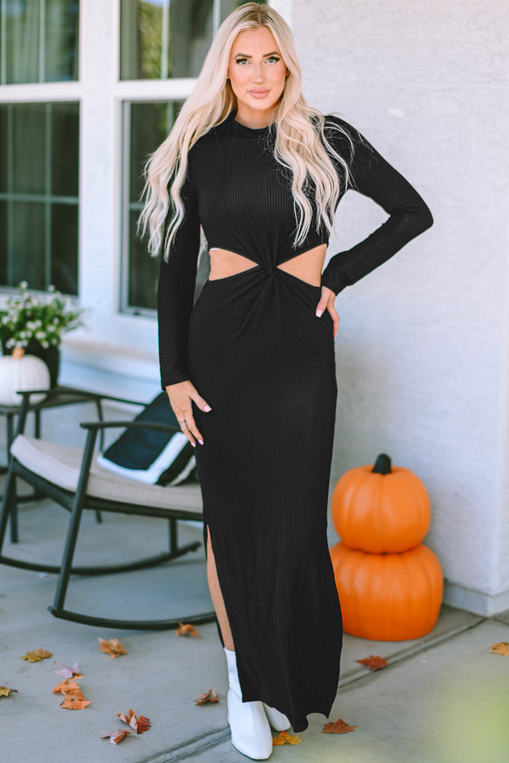 Black Ribbed Twist Cutout Long Sleeve Dress MOFSA.COM Black Ribbed Twist Cutout Long Sleeve Dress MOFSA.COM