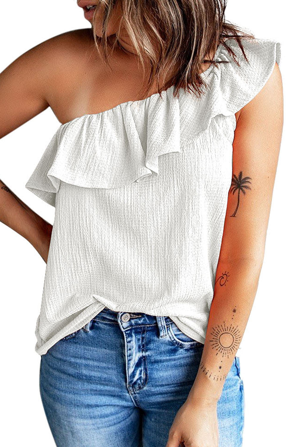 White Ruffle One Shoulder Crinkle Tank