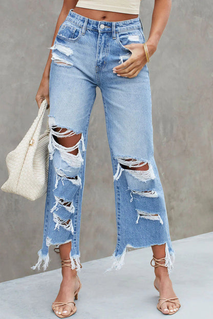 Sky Blue Heavy Destroyed High Waist Jeans