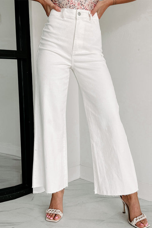 กางเกงยีนส์ Solid Raw Hem ขากว้างสีขาว 