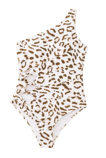 Leopard Print One Shoulder Hollow-out One-Piece Swimsuit