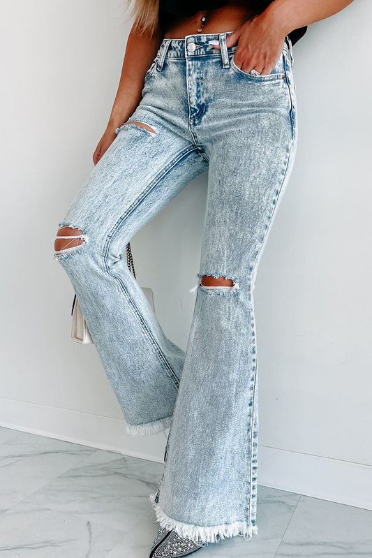 กางเกงยีนส์ Flare Blue Distressed Acid Wash สีฟ้า 