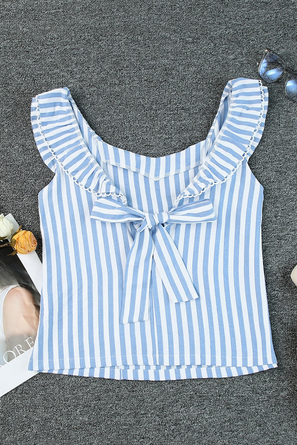 Blue Striped Tie Back Ruffle Trim Tank Top